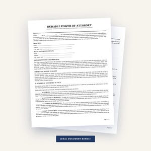 Puede incluir: Un documento de papel blanco titulado Durable Power of Attorney con texto en negro, que incluye secciones para información del poderdante y apoderado, avisos importantes y una lista de poderes específicos que incluyen servicios bancarios.