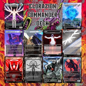 May include: A collection of custom Magic: The Gathering cards featuring characters and themes from the anime series, Neon Genesis Evangelion. The cards have various illustrations and text, with the title "ELDRAZION COMMANDER DECK" displayed prominently.
