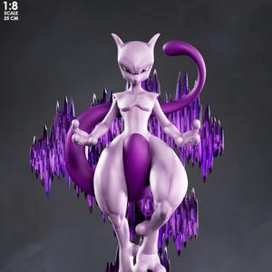 May include: A light purple Mewtwo figure, standing on a rocky base, with a dark purple tail and crystal-like structures behind it. The figure is 1:8 scale and 25 cm tall.
