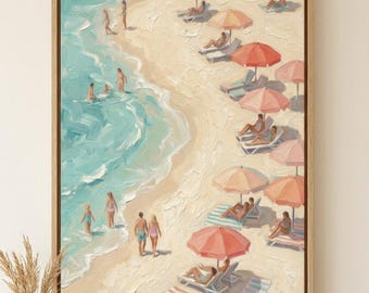 Sunny Summer Beach Day, Pastel Beach Painting with People and Parasols, Dreamy Impressionist,