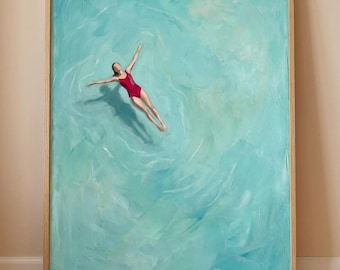 Woman Floating Serene Turquoise Water Red Swimsuit Coastal Wall Art (Digital Download)