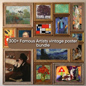 Puede incluir: Una colección de impresiones artísticas vintage enmarcadas, que incluyen paisajes, retratos y diseños abstractos. Las obras de arte se exhiben en varios tamaños y estilos, con una pancarta que dice "300+ Famous Artists vintage poster bundle."