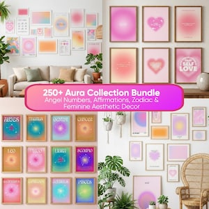 May include: A collection of framed wall art featuring a variety of designs, including zodiac signs, affirmations, and abstract aura-themed prints. The color palette includes pinks, oranges, and blues. The text on the image reads "250+ Aura Collection Bundle".