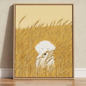 May include: A framed canvas art print depicts a white dog partially hidden in a field of golden wheat. The artwork has a warm, inviting color palette with a light yellow sky. The dog's eyes are closed, creating a peaceful scene.