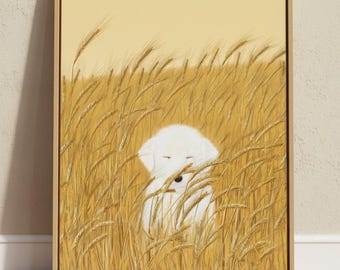 White Puppy in Wheat Field – Golden Harvest Digital Painting, Minimalist Farmhouse Wall Art Print