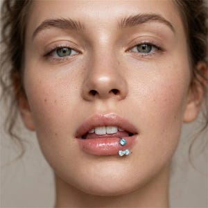 May include: Close-up of a person's face featuring lip piercings. One piercing is a small, light blue gem, and the other is a silver bow. The person has fair skin, light eyes, and full lips.