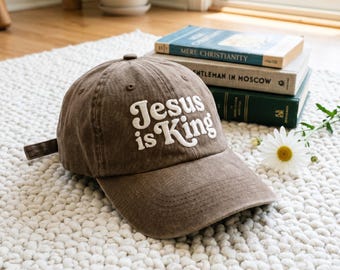 Gorra de papá con el lema "Jesús es el Rey", gorra cristiana bordada, gorra de Jesús, ropa de fe, regalo para él, regalo para ella