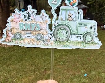 Adorno personalizado para pastel de cumpleaños con temática de granja, decoración para pastel con temática de tractor y corral, adorno personalizado para fiesta de segundo cumpleaños de niño, pastel con animales de granja