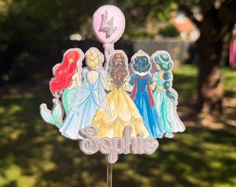 Adorno personalizado para pastel de princesa, adorno de cumpleaños con nombre y edad personalizados, decoración de cumpleaños de princesa para niñas, cualquier edad, cualquier nombre, fiesta de princesas