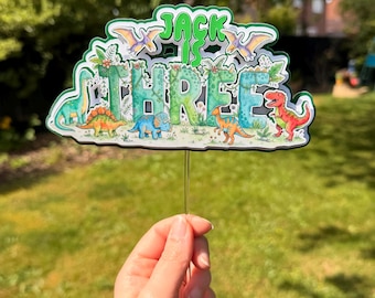 Adorno personalizado para tarta de dinosaurio, decoración para tarta de cumpleaños de dinosaurio con nombre y edad personalizados, cualquier edad, cualquier nombre, adorno personalizado para tarta de cumpleaños de dinosaurio