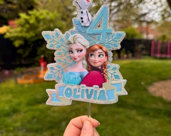 Adorno personalizado para tarta de Frozen, decoración de cumpleaños con nombre y edad personalizados de Elsa y Anna, artículos para fiestas de Frozen Four, adorno para tarta de cumpleaños con cualquier nombre y edad.