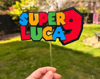 Adorno para pastel de cumpleaños de Super Mario, cualquier edad, cualquier nombre, adorno llamativo para pastel de videojuegos, adorno para pastel de cumpleaños para niños, decoración para fiestas de niños, decoración de Super Mario