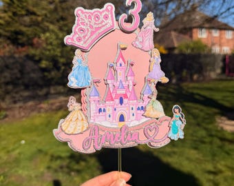 Adorno personalizado para pastel inspirado en princesas, adorno personalizado con nombre y edad para cumpleaños, decoración de fiesta de princesa con castillo rosa, adorno para pastel de cumpleaños