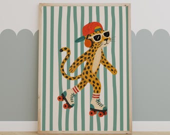 May include: A framed wall art print featuring a yellow leopard with black spots wearing a red baseball cap, orange headphones, and white sunglasses. The leopard is on roller skates with red wheels against a background of vertical teal stripes.