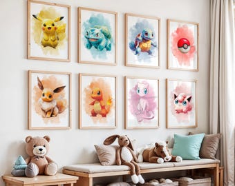 Conjunto de láminas decorativas de Pokémon para habitación infantil, láminas de Pokémon en acuarela para habitación de niños, conjunto de 8 láminas decorativas para habitación infantil con temática gamer, láminas decorativas para habitación de niños con temática gamer