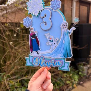 May include: A Frozen-themed cake topper in light blue and silver glitter, featuring Elsa, Anna, and Olaf. The number 3 is displayed, along with the name "Olivia" in a cursive font, and snowflake accents.