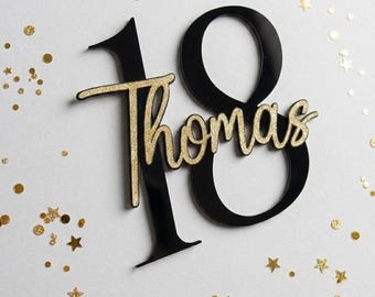 Adorno personalizado para pastel de 18 cumpleaños, adorno para pastel con nombre y edad personalizados, tarjeta con purpurina negra y dorada, decoración para fiesta de cumpleaños importante.