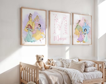 Juego de 3 láminas personalizadas para habitación de niñas con temática de princesas, arte de pared para niñas, arte de pared inspirado en princesas, arte de cuento de hadas para la habitación, decoración para la habitación de niñas