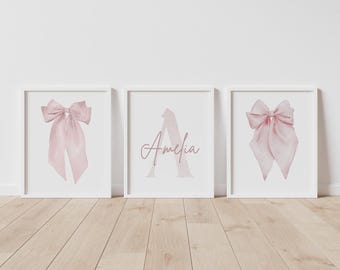 Juego de 3 impresiones de pared personalizadas con lazo rosa para niña, decoración de habitación infantil, pósteres de pared estilo bohemio con lazo.