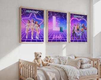 Láminas de arte de pared K-pop personalizadas de neón, para dormitorio de niña, juego de 3 láminas artísticas K-pop, decoración de dormitorio de niña, láminas personalizadas con nombres de niña.