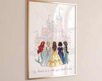 Cuadro de castillo de princesa, póster de princesa en acuarela, decoración para habitación infantil de niña, lámina de cuento de hadas, lienzo con la frase "Un sueño es un deseo que nace del corazón".