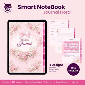 Puede incluir: Una agenda digital con un diseño floral rosa. La portada presenta un marco decorativo con un lazo rosa y las palabras "My Daily Journal". La agenda incluye páginas de índice y semanales. La imagen también incluye el texto "Smart NoteBook Journal Floral" y "Free Stickers."