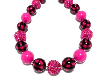 Hot Pink and Black Plaid Chunky necklace - Pink Christmas chunky necklace - Plaid Bubblegum Necklace - Pink Christmas Plaid Chunky Necklace