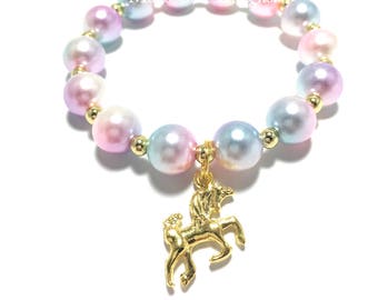Toddler or Girls Small Beaded Unicorn Charm Bracelet - Girls Pink, Gold, Purple and Blue Bracelet - Gold Unicorn Bracelet - Unicorn Bracelet