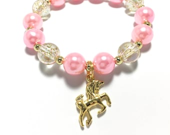 Toddler or Girls Small Beaded Unicorn Charm Bracelet - Girls Pink and Gold Bracelet - Gold Unicorn Bracelet - Unicorn Birthday Bracelet