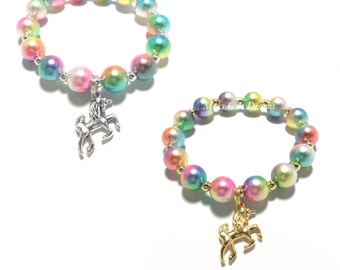 Toddler or Girls Small Beaded Rainbow Unicorn Charm Bracelet - Gold Unicorn Bracelet - Silver Unicorn Bracelet - Rainbow Unicorn Birthday
