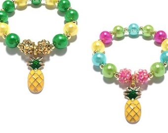 Pineapple Charm Bracelet - Yellow and Green Bracelet - Tropical beaded bracelet - Hot Pink Pineapple Bracelet - Fruit themed Jewelry