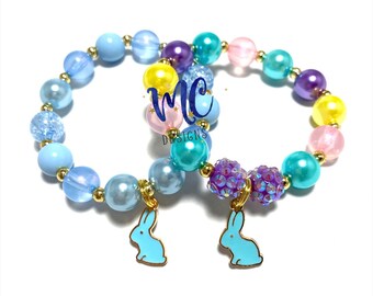 Blue Bunny Charm Bracelet - Spring Easter Bracelet - Shades of Blue Bunny Bracelet - Colorful Rabbit Bracelet