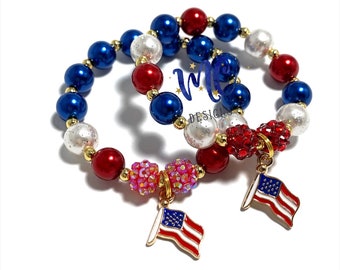 Patriotic Flag Charm Bracelet - Red, White and Blue Bracelet - Fourth of July Bracelet - 4th of July Flag Bracelet - Flag Bracelet
