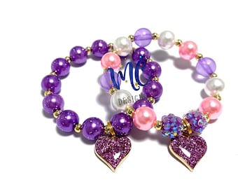 Purple Heart Charm Bracelet - Princess Heart Bracelet - Pink, Purple and White Heart Bracelet - Valentines Charm Bracelet - Glitter Bracelet