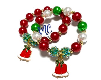 Christmas Bells Charm Bracelet - Red and Green Bell Bracelet - Red, Green and White Christmas Bracelet - Christmas Jewelry