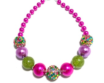 Colorful Spring Classy Chunky Necklace - Fuchsia, Pink and Green Necklace - Tropical Necklace - Fairy Pink Necklace