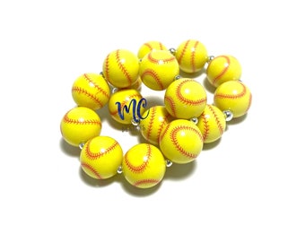 Yellow Softball Chunky Bracelet - Red and Yellow Bubblegum Chunky Bracelet - Sports bracelet - Yellow Baseball Bracelet