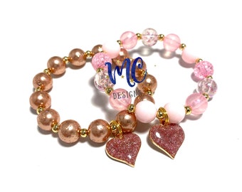 Pink Heart Charm Bracelet - Princess Heart Bracelet - Pink and Gold Heart Bracelet - Valentines Charm Bracelet - Light Pink Glitter Bracelet