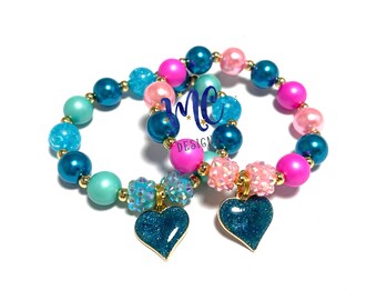 Teal Heart Charm Bracelet - Princess Heart Bracelet - Hot Pink and Turquoise Heart Bracelet - Valentines Charm Bracelet - Glitter Bracelet