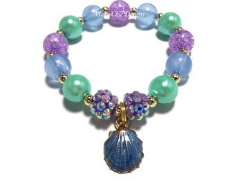 Blue Shell Charm Bracelet - Girls Blue, Green and Purple Mermaid Bracelet - Beach Bracelet - Gold shell Bracelet - Blue and green Bracelet