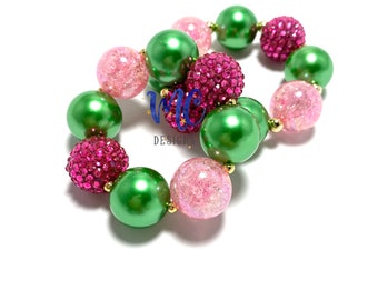 Pink and Green Chunky Bracelet - Hot Pink, Green and Gold Chunky bracelet - St Patricks Day Bracelet - Fairy Bracelet - Bubblegum Bracelet