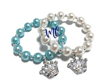 Rhinestone Crown Charm Small Beaded Bracelet - Blue Princess Crown Bracelet - White Glitter Bracelet - Glitter Blue Pearl Crown Bracelet