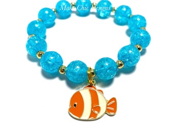 Clown Fish Charm Bracelet - Turquoise and Orange Fish Bracelet - Ocean theme bracelet - Blue and Orange Fish Bracelet - Under the Sea Theme