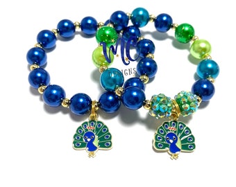 Peacock Charm Beaded Bracelet - Blue Bird Bracelet - Blue and Green Peacock Pearl Bracelet - Peacock themed birthday - Colorful Bracelet