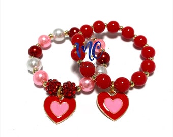 Pink and Red Enamel Heart Charm Bracelet - Valentines Day Bracelet - Pink, Red and White Heart Charm Bracelet - Valentines Day Gift