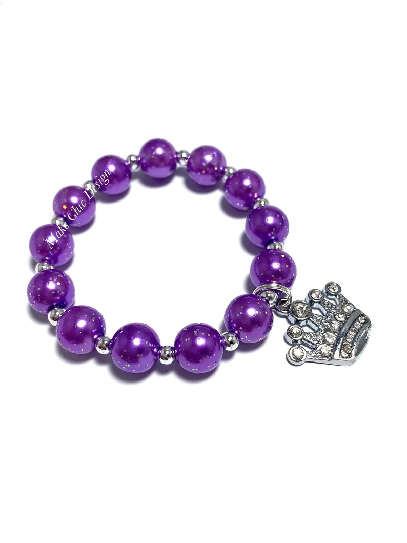 Rhinestone Crown Charm Small Beaded Bracelet Pink Princess Crown Bracelet Purple Glitter Bracelet Glitter Red Pearl Crown Bracelet GLITTER PURPLE