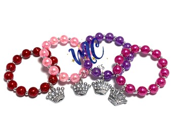 Rhinestone Crown Charm Small Beaded Bracelet - Pink Princess Crown Bracelet - Purple Glitter Bracelet - Glitter Red Pearl Crown Bracelet