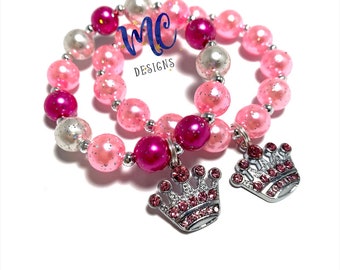 Pink Rhinestone Crown Charm Small Beaded Bracelet - Princess Crown Bracelet - Princess Birthday Bracelet - Glitter Pink Pearl Bracelet