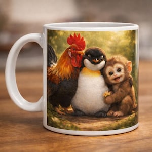 Può includere: Tazza in ceramica bianca con un'illustrazione colorata di un gallo, un pinguino e una scimmia che si abbracciano. Il gallo ha una cresta rossa, il pinguino ha il petto giallo e la scimmia è marrone. Lo sfondo è sfocato, verde e giallo.