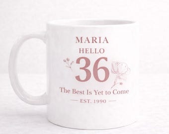36-årsdagspresent till henne, personlig muggdesign, anpassningsbart namn, ålder 36, hej 36, det bästa kommer ännu, digital nedladdning
